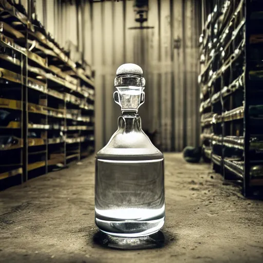Prompt: an award - winning photo of a translucent glass vodka bottle inspired by a propane cylinder in a grungy warehouse, dramatic lighting, sigma 2 4 mm, wide angle lens, ƒ / 8, behance