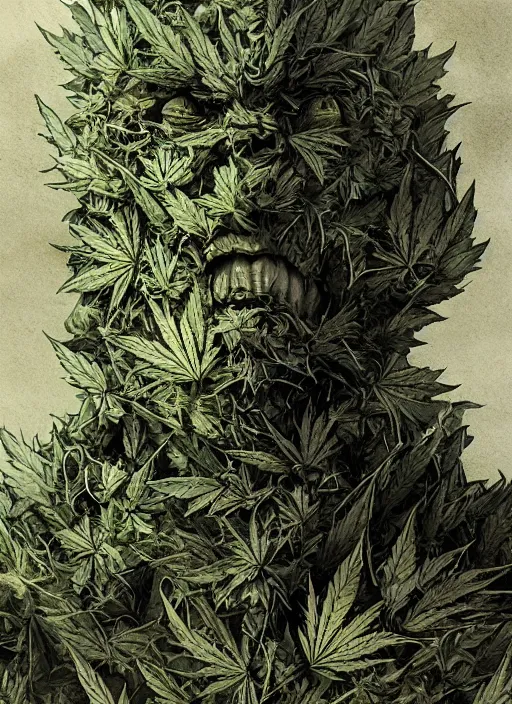 Image similar to Monster made of pot leaves, marijuana, watercolor, dramatic lighting, cinematic, establishing shot, extremely high detail, foto realistic, cinematic lighting, pen and ink, intricate line drawings, by Yoshitaka Amano, Ruan Jia, Kentaro Miura, Artgerm, post processed, concept art, artstation,