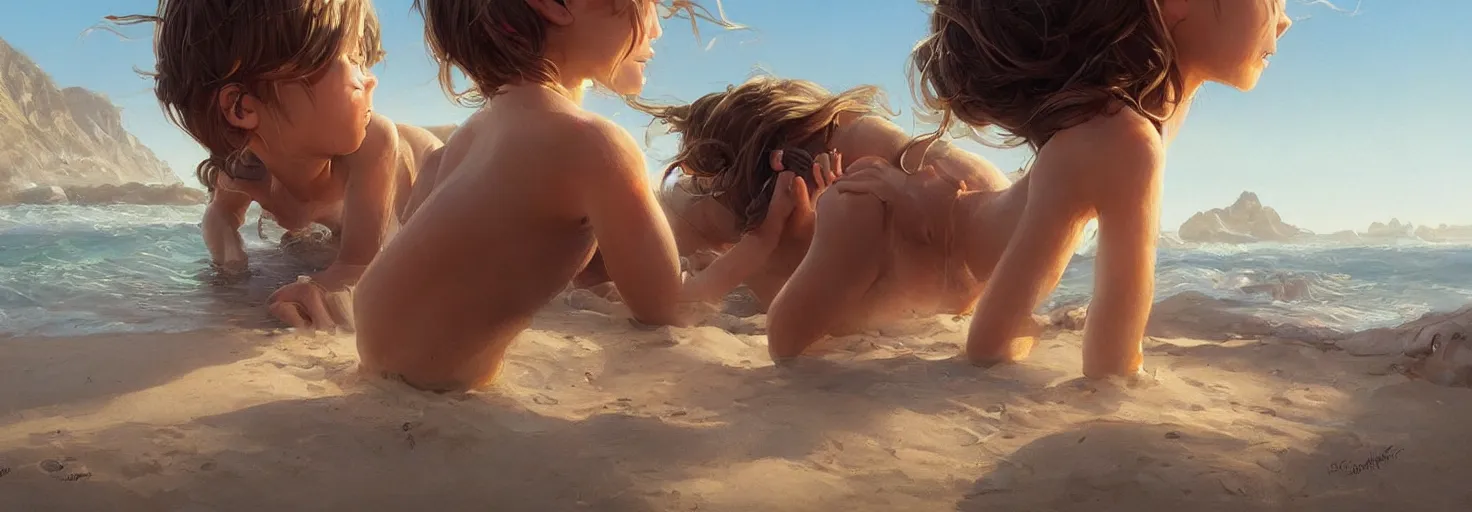 Image similar to beautiful sunny day on a california beach, kids playing, soft warm lighting, highly detailed, digital painting, trending on artstation, sharp focus, illustration, art by artgerm and greg rutkowski and magali villeneuve