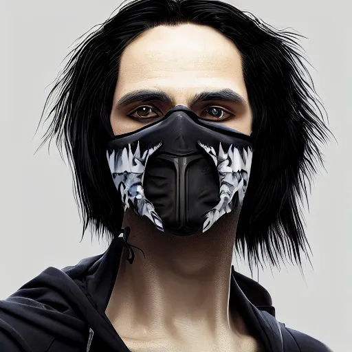 Image similar to a highly detailed, portrait of a man with black hair with a black medical mask, in a hood in the form of a blue shark with white teeth, artstation, DeviantArt, professional, octane render, digital art