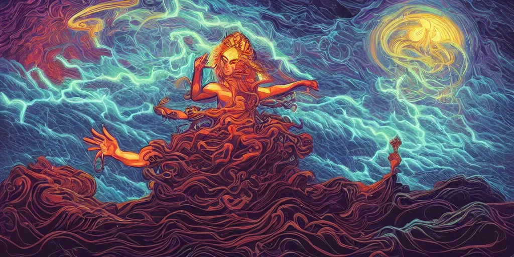 Prompt: artwork, masterpiece of from Dan Mumford collection ::La Chroma:: with a mage invoking divine gods while there's a storm and lightings, trending on ArtStation, art by Dan Mumford and details by artgerm