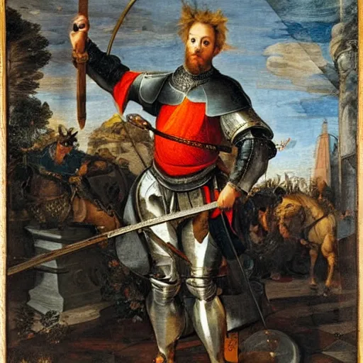 Image similar to donald trump, wearing knight ’ s armor, holding a spectacular broadsword, by annibale carracci, two arms, two legs