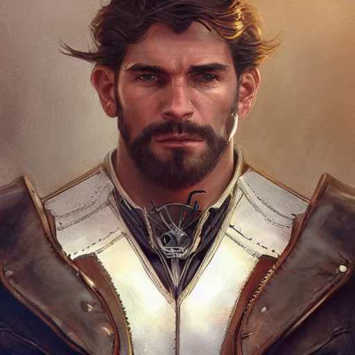 Image similar to portrait of a young, ruggedly handsome ranger, muscular, half body, leather, smirk, fantasy, intricate, elegant, highly detailed, digital painting, artstation, concept art, smooth, sharp focus, illustration, art by artgerm and greg rutkowski and alphonse mucha