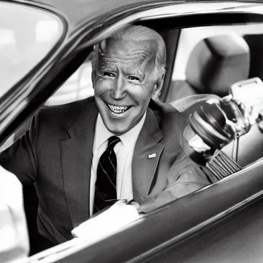 Image similar to photograph of Joe Biden in a Ford Pinto from a distance, 8k, high definition, highly detailed, photo realistic