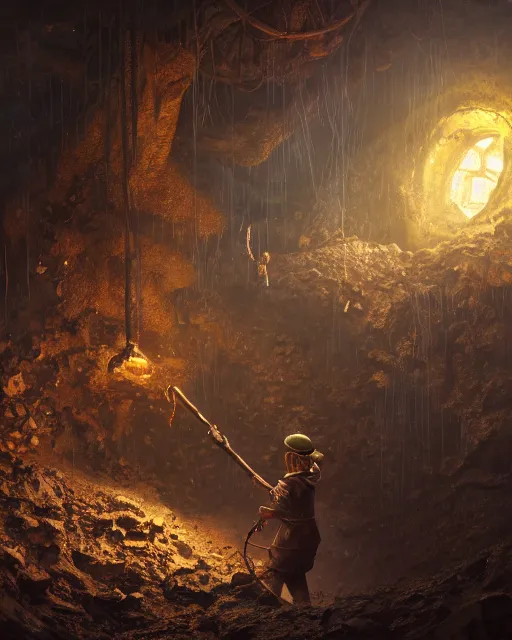 Image similar to oil painting of poor anthropomorphized mole mining gold, sharp focus, fantasy style, dark steampunk mine shaft backround, octane render, volumetric lighting, 8k high definition, by greg rutkowski, highly detailed, trending on art Station