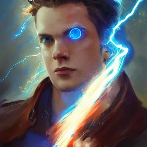 Prompt: a handsome young man with glowing blue eyes sparkling with blue lightning in emotional turmoil. sparks. electricity. digital art. fantasy. matte painting sharp focus. action pose. dynamic poses. highly detailed. uhd. by repin. krenz cushart tianhua xu