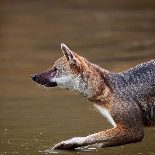 Prompt: close up photo of a rare thylacine, drinking water from a lake in tasmania, bokeh, 1 0 0 mm lens, 4 k award winning nature photography