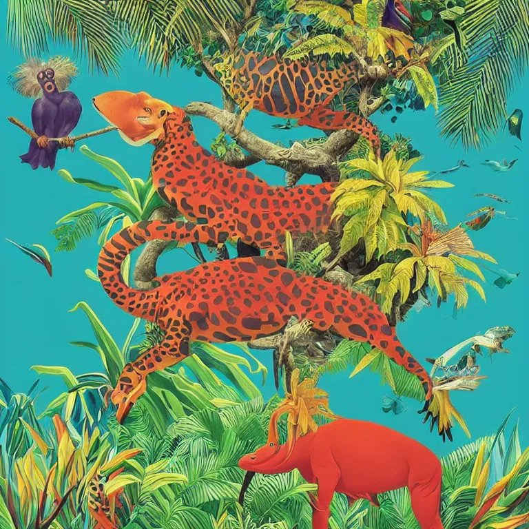 Image similar to beautiful album cover depicting tropical animals by Jonathan Zawada