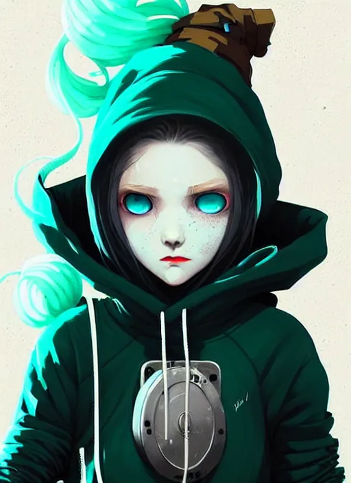 Image similar to highly detailed portrait of a sewer punk lady student, blue eyes, hoodie, cloudy curly white hair by atey ghailan, by greg rutkowski, by greg tocchini, by james gilleard, by joe fenton, by kaethe butcher, gradient green, black, brown and cyan color scheme, grunge aesthetic!!! ( ( graffiti tag wall background ) )