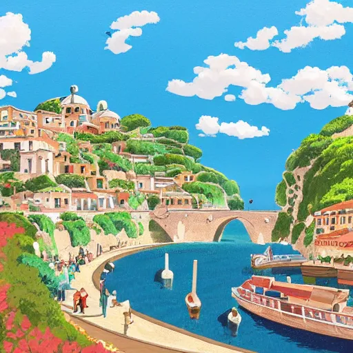 Image similar to artwork of a coastal city in Italy in the style of Studio Ghibli