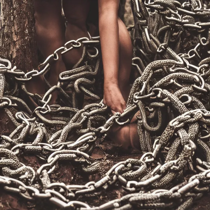 Image similar to a closeup of a woman wrapped in chains, dragging a pile of chains, in a forest, by Erik Almas, CANON Eos C300, ƒ1.8, 35mm, 8K, medium-format print