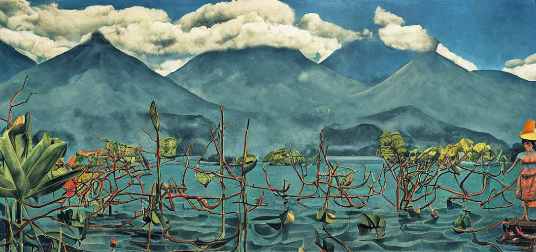 Prompt: guatemala's lake of atitlan painted by frida kahlo