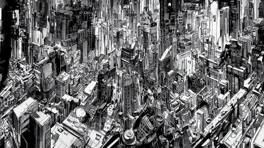 Image similar to a war in cyberpunk city, a clean line drawing, sketching, art by kim jung gi, karl kopinski,