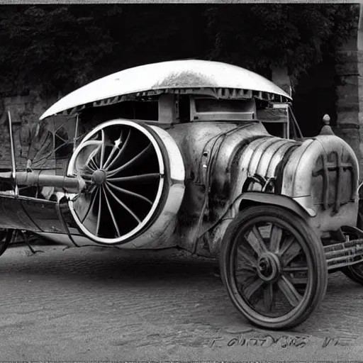 Image similar to an oldie car with wings and turbine, steam punk, black-white retro photo 1910, woman in front