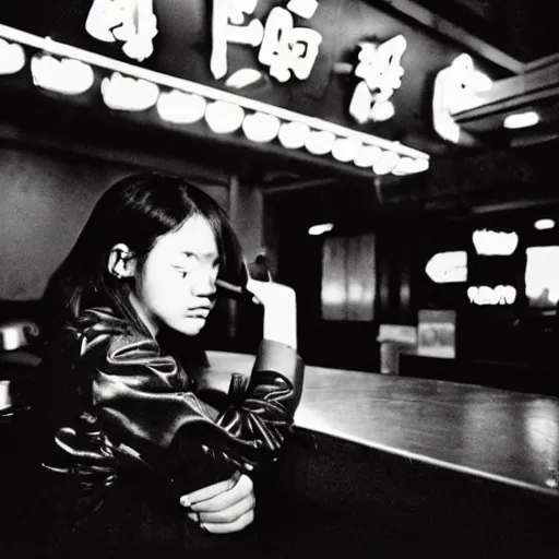 Image similar to a girl leaning against the counter in a night club staring at the camera, photograph by Wong Kar-wai and Quentin Tarantino