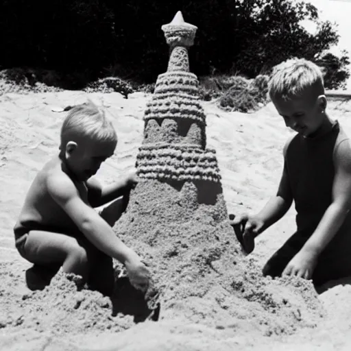 Image similar to A photo of tiny men constructing a sand castle