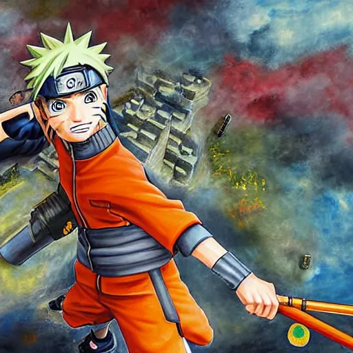 Image similar to a highly detailed painting of naruto playing free fire and he loses