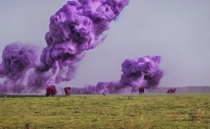 Prompt: Purple Tornadoes lifting cows
