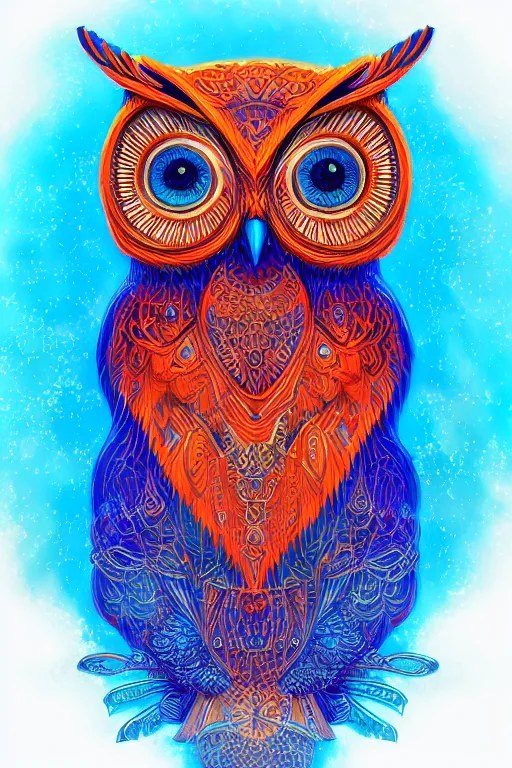 Image similar to glowing owl, blue and orange colours, highly detailed, digital art, sharp focus, trending on art station