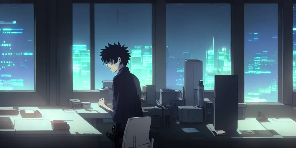 Image similar to an atmospheric empty quiet quiet after hours cyberpunk police office office in the cyberpunk neon noir anime film, Shichiro Kobayashi and makoto shinkai, screenshot in the anime series ergo proxy ergo proxy ergo proxy and Detroit metal city, interior