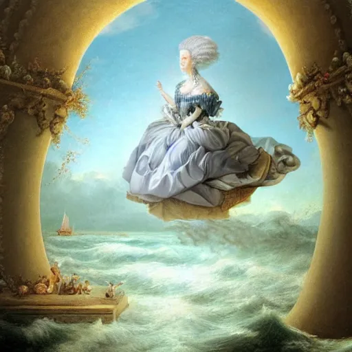 Prompt: Marie Antoinette levitating over the sea. high detail, great lighting, 8k resolution, masterpiece, concept art, illustration