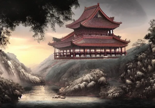 Image similar to ancient Chinese beautiful landscape mode concept art high realism