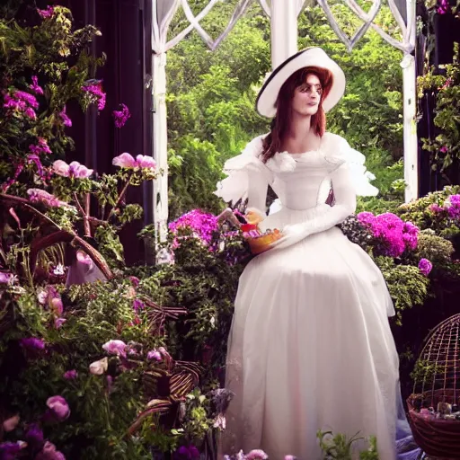 Prompt: full body fashion model emma watson smokey eyes makeup eye shadow fantasy, glow, shimmer as victorian woman in a long white frilly lace dress and a large white hat having tea in a sunroom filled with flowers, roses and lush fern flowers ,intricate, night, highly detailed, dramatic lighting , high quality