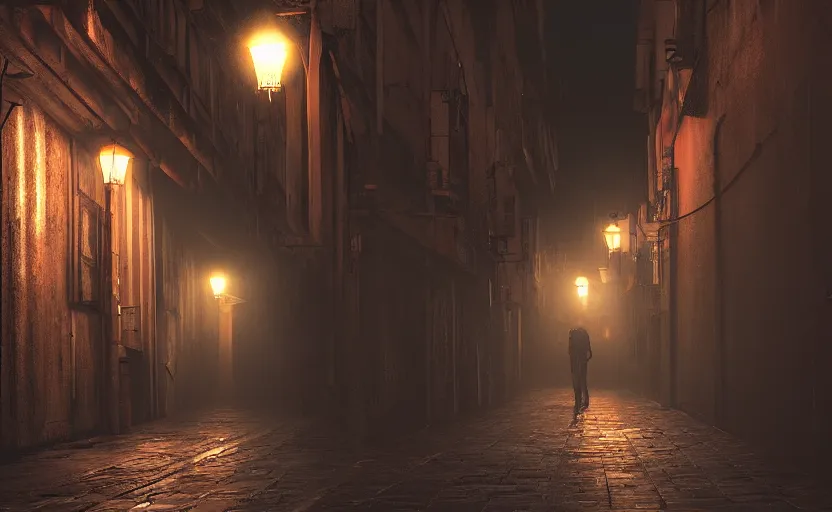 Image similar to dim lit, hongkong dark alley street with a man walking, depth of field, very atmospheric, matte painting, artstation