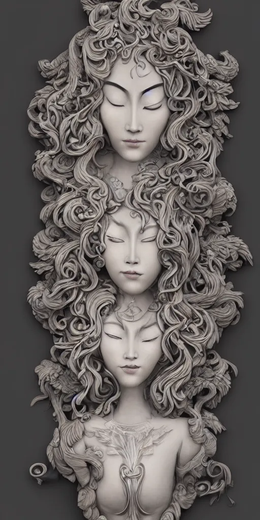 Prompt: a sculpture of mythical creatures by geenss archenti flores, elegant and beautiful female face, carved in stone, intricate, elegant, highly detailed, digital painting by audrey kawasaki, artstation, concept art, ambient occlusion, vray render,