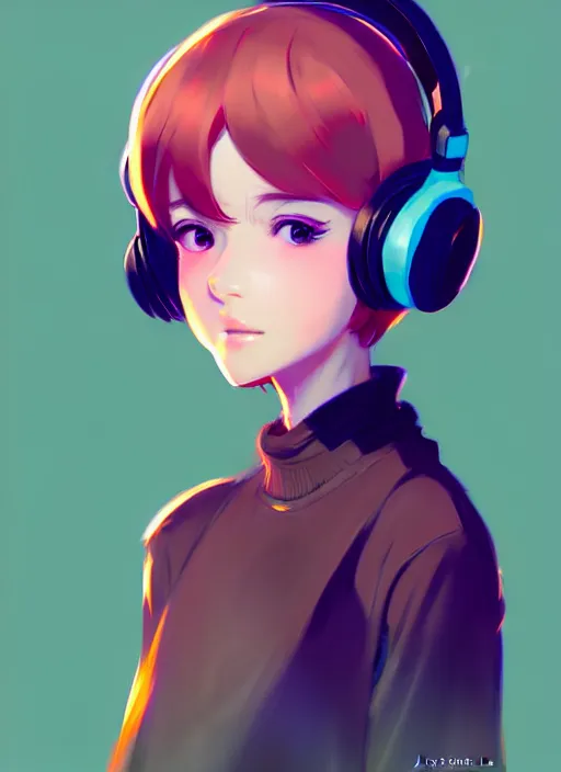 Prompt: female character inspired by 9 0's fashion and by madeline from celeste, art by rossdraws, wlop, ilya kuvshinov, artgem lau, sakimichan and makoto shinkai, concept art, headphones