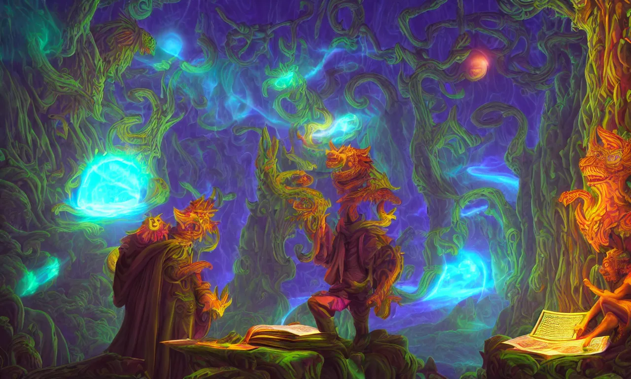 Image similar to large kerberos realm, faked ticket close up, wizard reading a directory, colorful ravine, 3 d art, digital illustration, perfect lighting