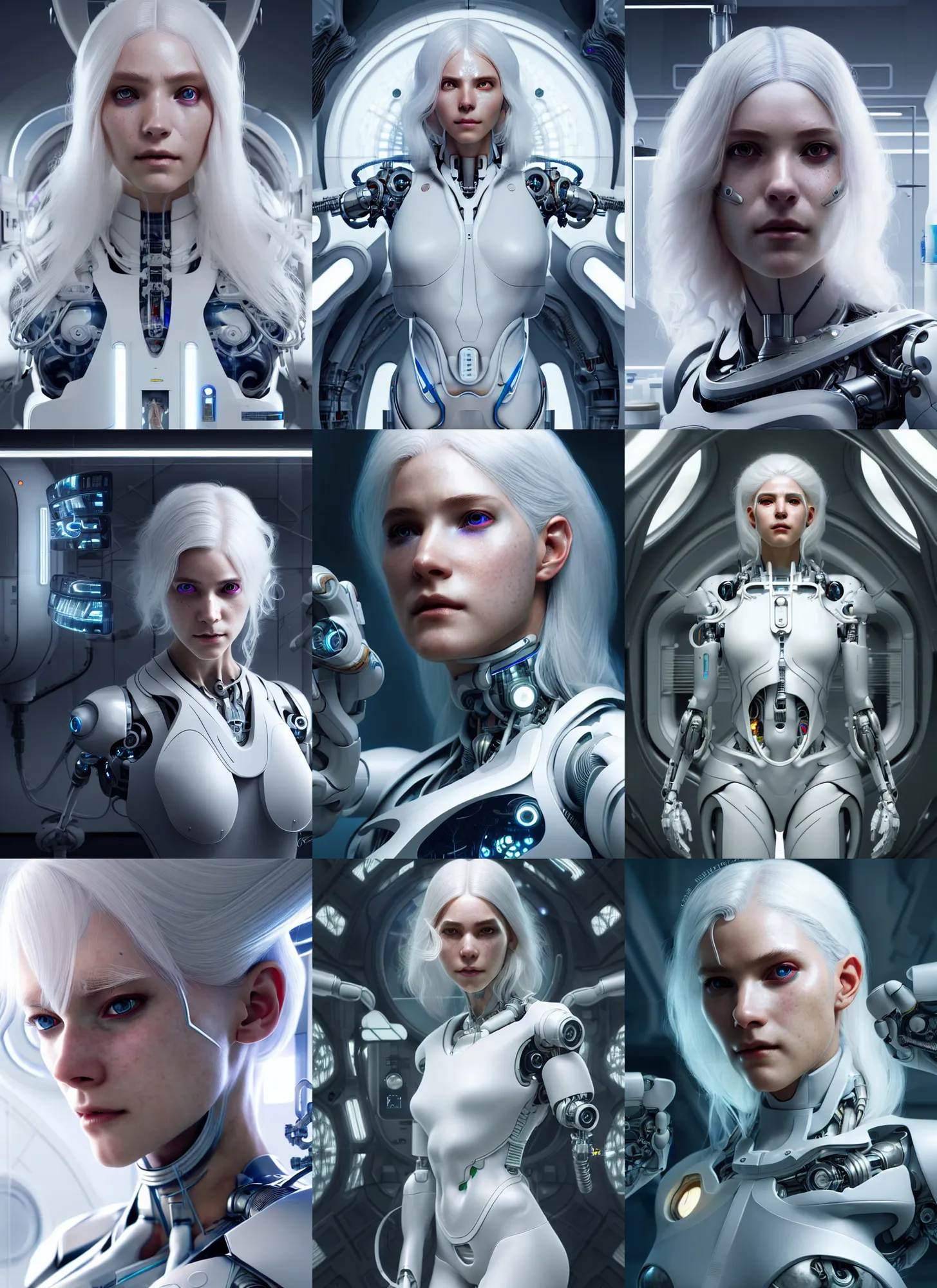 Prompt: ultra realistic, medium - shot, beautiful female cyborg, white hair, in a futuristic medical lab, sci - fi, intricate details, eerie, highly detailed, octane render, 8 k, art by artgerm and alphonse mucha and greg rutkowski