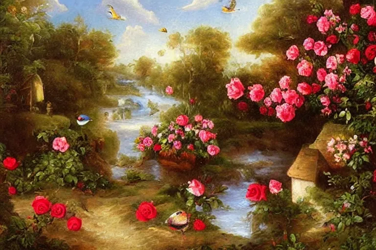 Prompt: A paradise with roses and birds, oil painting, highly detailed