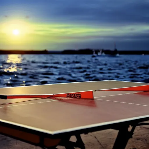 Prompt: Table Tennis bat on a table in front of a sunset at the seaside