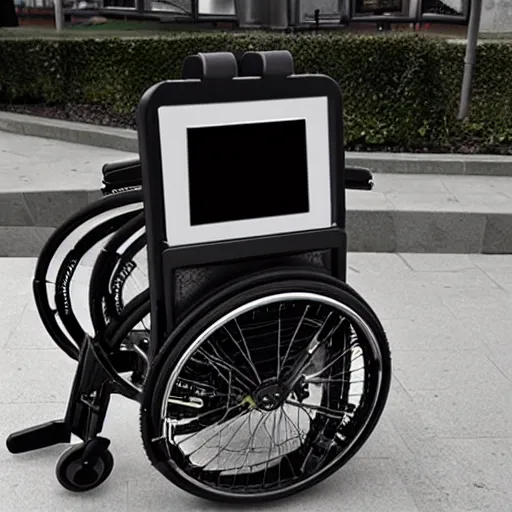 Image similar to a cyberpunk electric wheelchair with a tablet holder