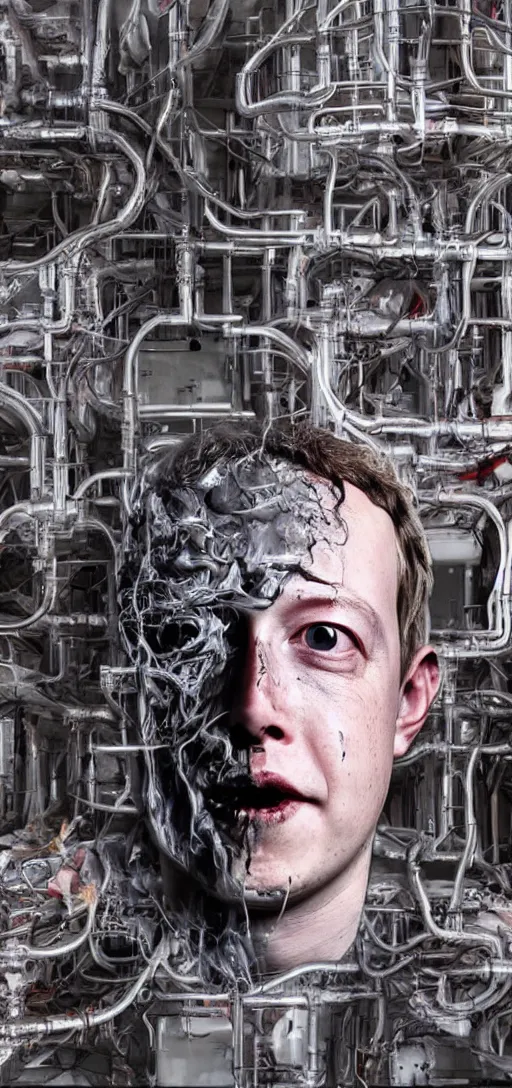 Prompt: horror of elon musk and mark zuckerberg fused together with scaffolding and pipes, body horror, pipes, disturbing, scary, dark, 4K, creepy