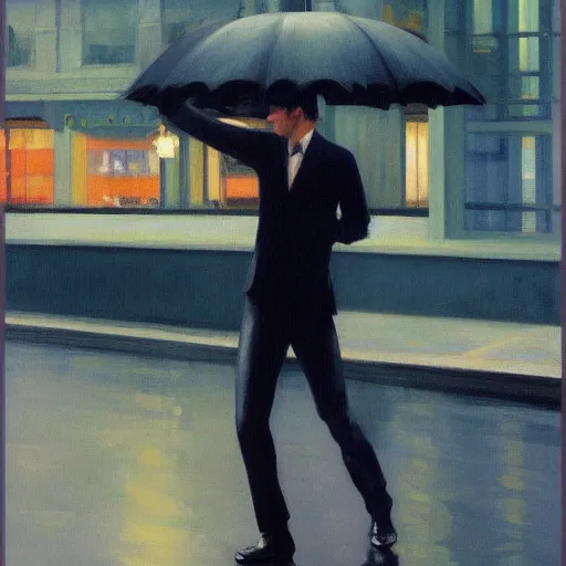 Image similar to man dancing in the rain, edward hopper, hajime sorayama, trending on artstation,
