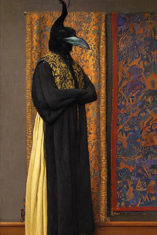 Image similar to portrait of an anthropomorphic black crow wearing clothes, by Donato Giancola and John Bauer and Vermeer, embroidered velvet waistcoat, iridescent beetles, rich color, featured on Artstation, cgisociety, unreal engine, extremely detailed