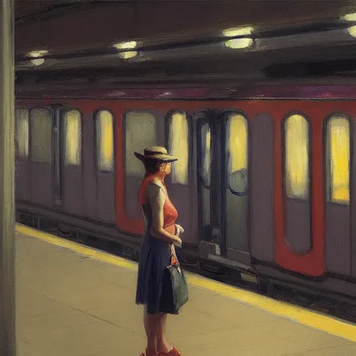 Prompt: new york subway, platform view, sharp focus, intricate, detailed, by edward hopper, greg rutkowski.