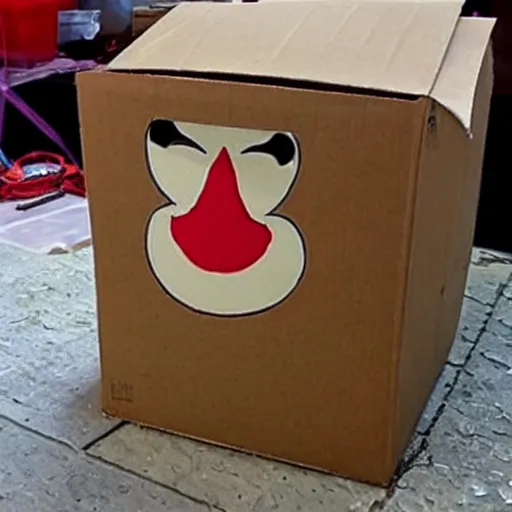Image similar to a cardboard box opened up with a clown face popping out of it, realistic
