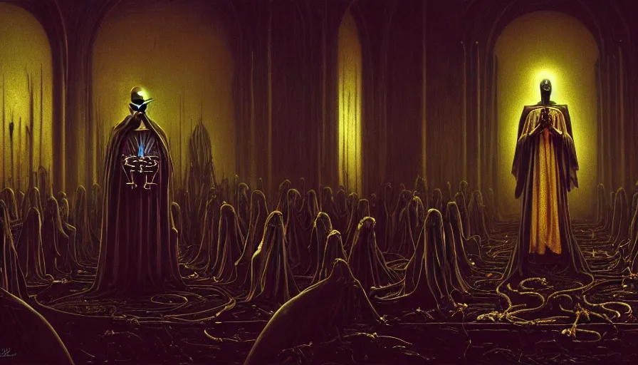 Prompt: a dark alien priest conducts a ceremony, alien church, rotting religion, death, fear, horror, ultra realistic, hyperrealism, fine details, detailed and intricate environment, by barlowe, by wayne, by caravaggio, 4 k