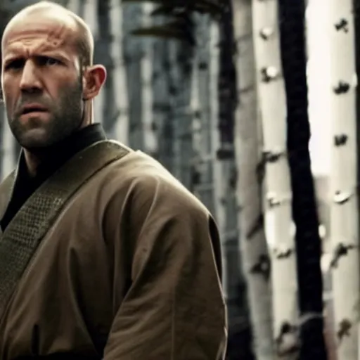 Image similar to an film still of jason statham as samurai, cinematic action