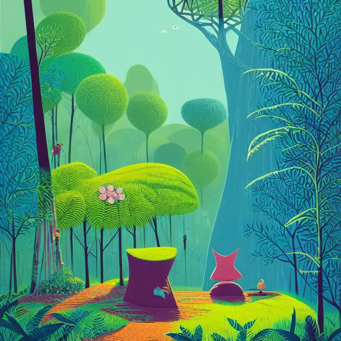 Image similar to ( ( ( gediminas pranckevicius ) ) ), under bo tree in a jungle garden summer morning, very coherent and colorful high contrast art by james gilleard floralpunk screen printing woodblock, dark shadows, pastel color, hard lighting