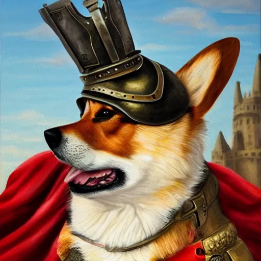 Prompt: A painting of a proper elderly corgi wearing battle armor, with his paws on his sword, posing for the painting. UK flags in the background, medieval style, artwork