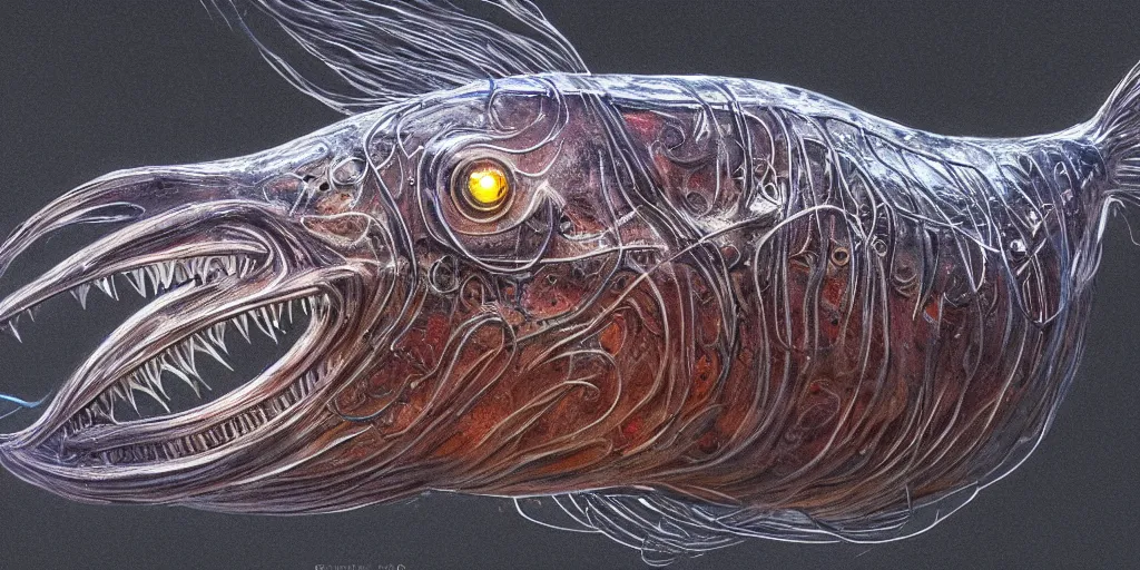 Image similar to angler fish sculpture, stylized layered shapes, long flowing fins, bioluminescent orbs, diffuse lighting, glowing eye, intricate, elegant, highly detailed, lifelike, photorealistic, digital painting, artstation, smooth, sharp focus, art by h r giger