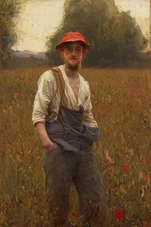 Prompt: Solomon Joseph Solomon and Richard Schmid and Jeremy Lipking victorian genre painting full length portrait painting of a young peasant farmer working in the field, red background