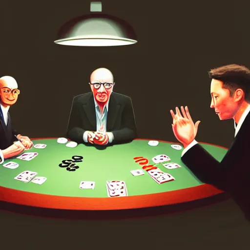 Prompt: UHD photorealistic Elon Musk playing poker with Satoshi Nakamoto, Klaus Schwab, and Bill Gates, in the style of tonalism by Greg Rutkowski, trending on Artstation, hyperrealistic, correct details, symmetrical faces