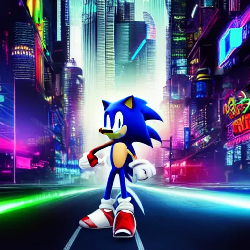 Prompt: sonic in the style of cyberpunk, night, rgb, glow