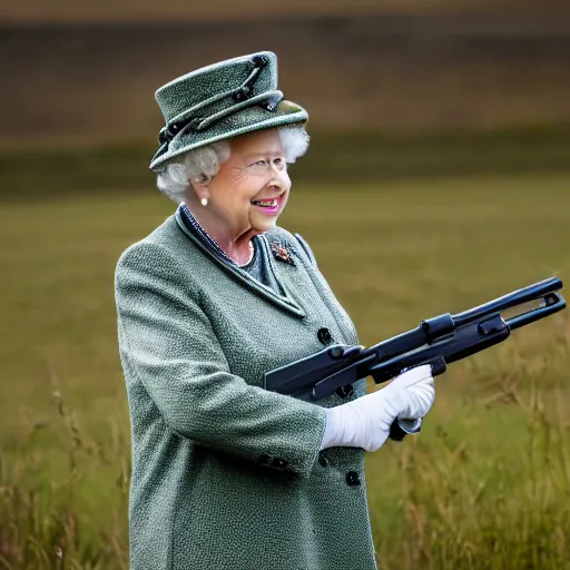 Prompt: Queen Elizabeth II wearing an army uniform while holding a rifle on a battlefield, highly detailed, high quality, HD, 4k, 8k, Canon 300mm, professional photographer, 40mp, lifelike, top-rated, award winning, realistic, sharp, no blur, edited, corrected, trending