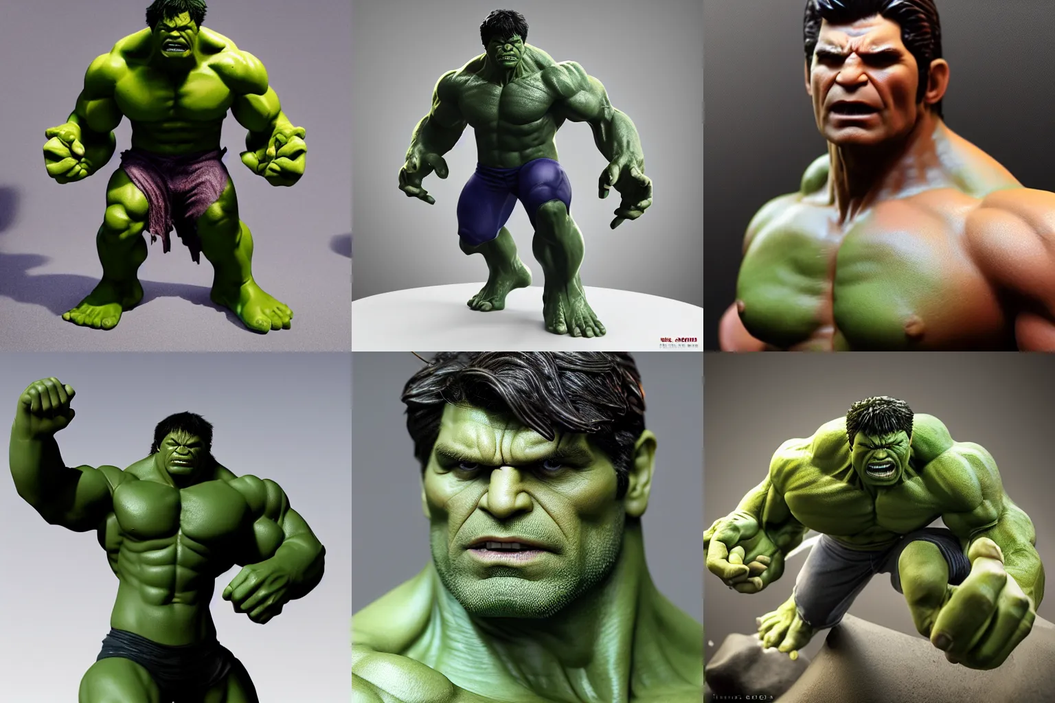 Image similar to of a 3d clay model of the incredible hulk, ultra fine detail, hair strands, ultra high resolution, fine texture detail, miniature painting techniques, perfect proportions, marvel cinematic universe, eric bana